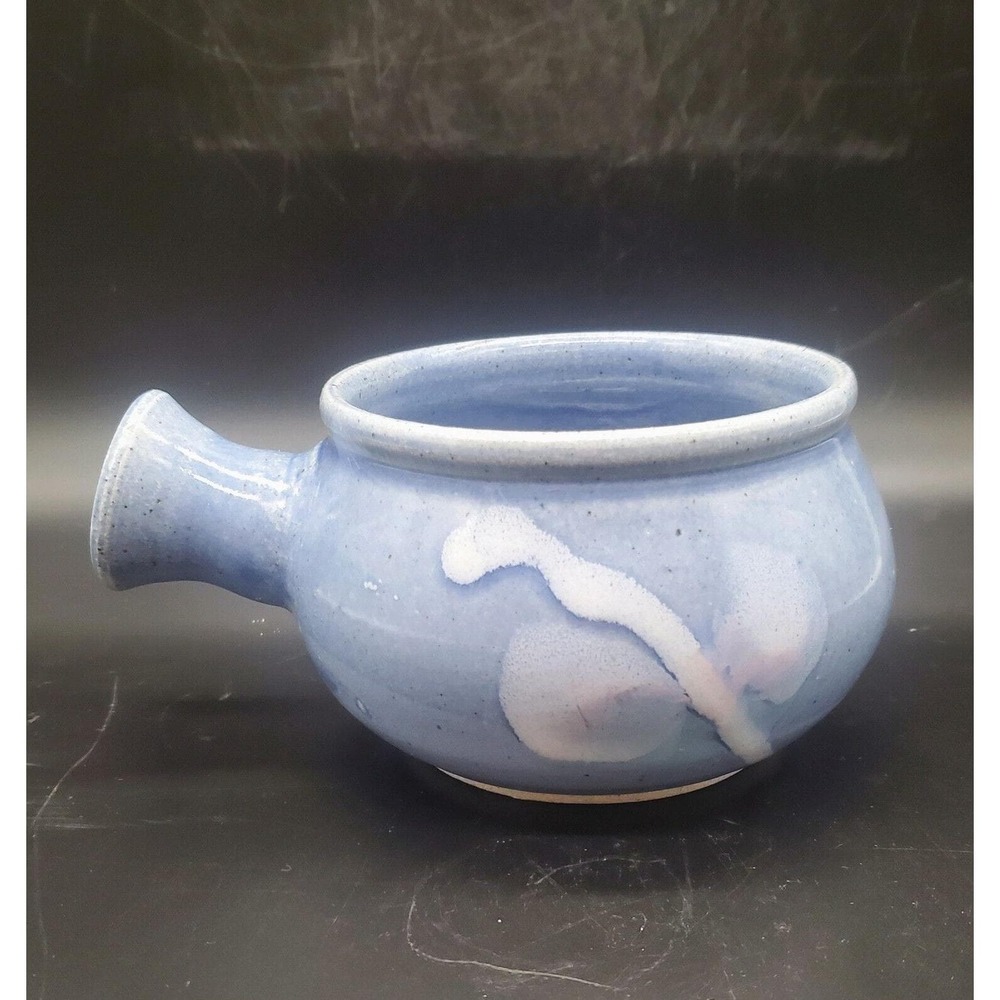 Handmade Studio Art‎ Pottery Handled Soup Bowl Blue Drip Glaze 7" Signed SiSi